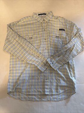 Columbia Men’s Yellow Blue Plaid Long-Sleeve Vented L Super Bahama Fishing Shirt